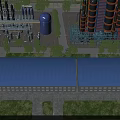 Modern Industrial Factory Building With Blue Roof Tall Chimneys And Surrounding Greenery