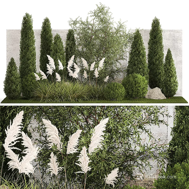 Garden Shrubs With White Feathery Plants Coniferous Trees Green Foliage And Stone Wall 3d model 