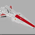 White and Red Cosmic Spaceship Model Featuring Sleek Design Yellow Circular Details and Futuristic Thrusters