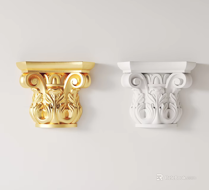 Decorative Classical Carved Corbels in Golden and White with Ornate Floral Scroll Patterns 3d model 