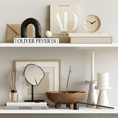 Elegant Decorative Ornament Combination With Clock Magazine Mirror Candle And Wooden Bowl On Shelf 3d model