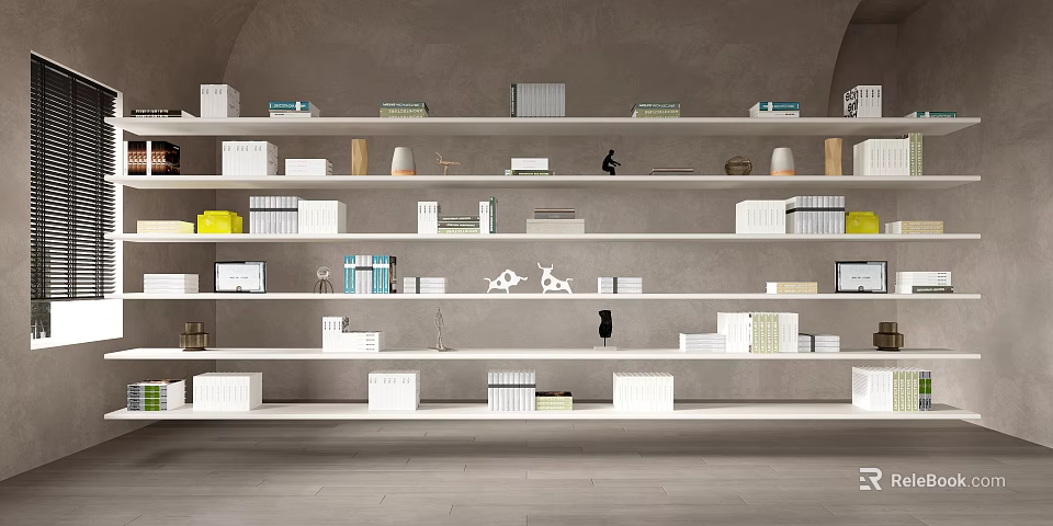 Open White Layered Bookshelf With Books And Decorations On Gray Wall Modern Minimalist Style 3d model 