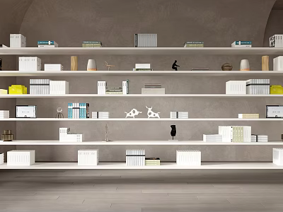 Open White Layered Bookshelf With Books And Decorations On Gray Wall Modern Minimalist Style 3d model