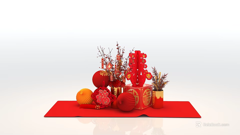 Festive Red Chinese New Year Decorative Ornament Set With Fu Character Lanterns Branches And Oranges 3d model 