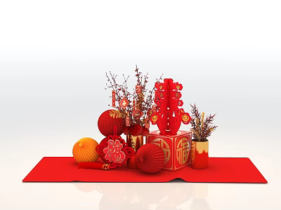 Festive Red Chinese New Year Decorative Ornament Set With Fu Character Lanterns Branches And Oranges 3d model