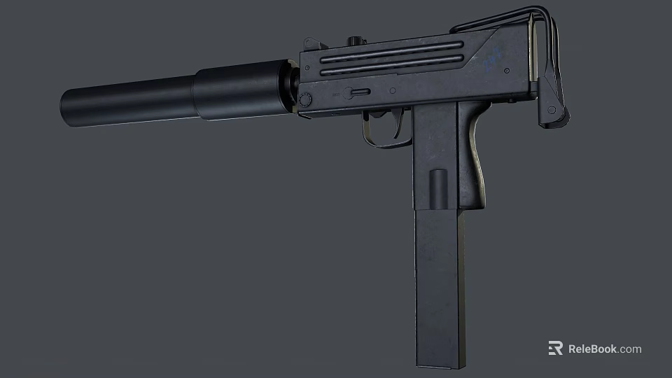 Black Submachine Gun Weapon Featuring Barrel Magazine and Ergonomic Grip Design 3d model 