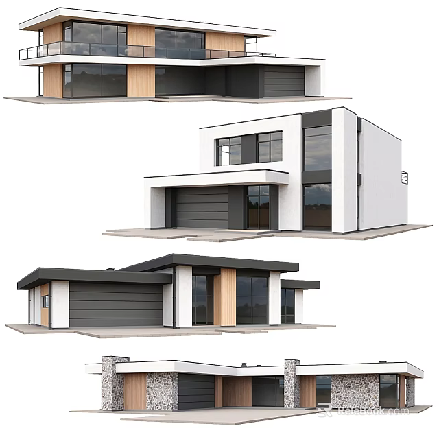 Modern Detached House Exterior With Large Windows Garage Flat Roof And Mixed Material Design 3d model 