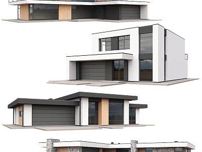 Modern Detached House Exterior With Large Windows Garage Flat Roof And Mixed Material Design 3d model