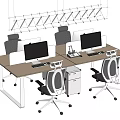 Modern Office Desk Setup With Multiple Computer Monitors Ergonomic Chairs And Hanging Pendant Lights 3d model