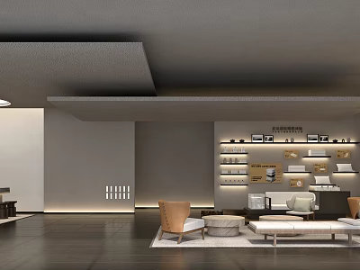 Modern Lounge Area Interior With Comfortable Sofa Armchair Coffee Table And Wall Shelves 3d model