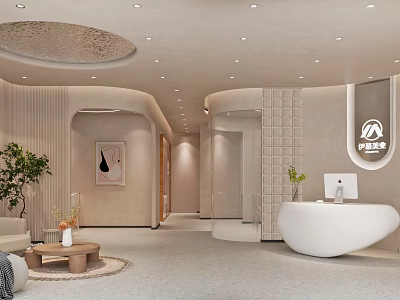 Modern Beauty Hair Salon Interior With White Reception Desk Sofa Coffee Table And Soft Lighting 3d model