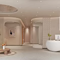 Modern Beauty Hair Salon Interior With White Reception Desk Sofa Coffee Table And Soft Lighting