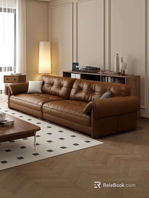 Brown Leather Sectional Sofa In Living Room With Wooden Coffee Table Bookshelf And Floor Lamp 3d model 