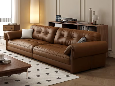Brown Leather Sectional Sofa In Living Room With Wooden Coffee Table Bookshelf And Floor Lamp 3d model