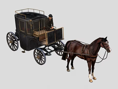 Vintage Horse-Drawn Carriage With Brown Horse Driver And Black Wooden Wheels 3d model
