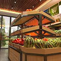 Fresh Fruits And Vegetables At Bright Fruit Store With Wooden Shelves