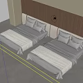 Modern Bedroom with Double Beds Wooden Headboard Round Wall Lamp White Bedding and Beige Blanket