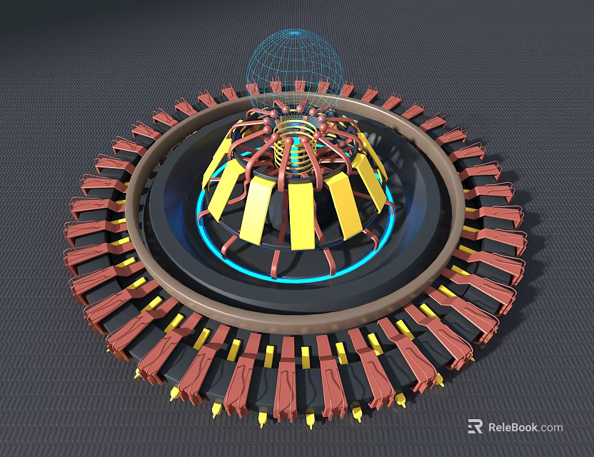 Circular Art Installation With Red Yellow Elements And Blue Lighting Mesh Top 3d model
