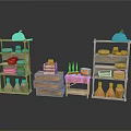 Scenic Countryside View With Wooden Shelves Holding Clay Pots And Woven Items
