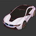 White sports car with sleek aerodynamic body black roof blue front accents on reflective surface