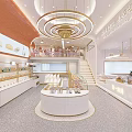 Elegant Dessert Shop Interior With Circular Pastry Display Counter Golden Chandeliers And White Shelves