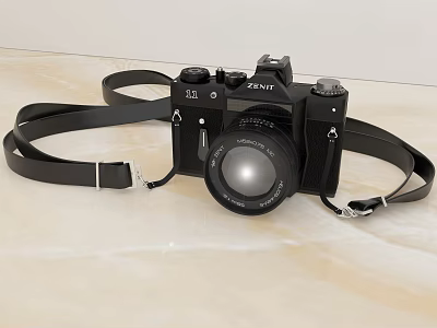 Vintage Zenit 321 Black Camera Body With Lens And Leather Strap 3d model