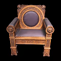 Antique Wooden Armchair With Lion Head Armrests And Carved Leather Backrest