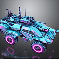 Futuristic Armored Vehicle With Blue Pink Neon Lights Antennas And Weapons