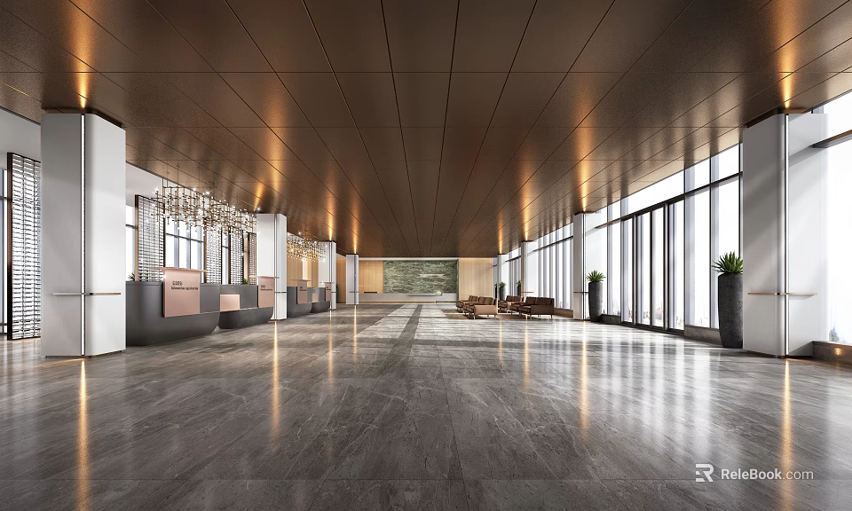 Modern Luxurious Hotel Lobby Interior Design With Spacious Layout Marble Floor And Natural Light 3d model 