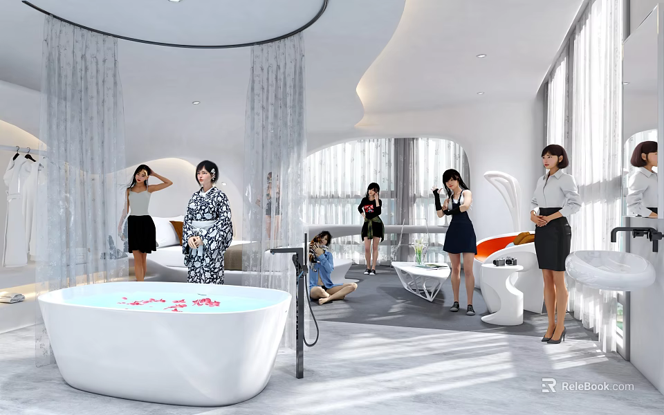 Hotel Guest Room Modern Design With Bathtub Flower Petals Curved Elements And Seating Area 3d model 