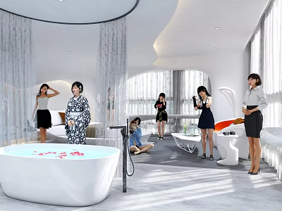 Hotel Guest Room Modern Design With Bathtub Flower Petals Curved Elements And Seating Area 3d model