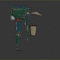 Green And Blue Mechanical Robot Character Wearing Hat With Red Joints Carrying Bag