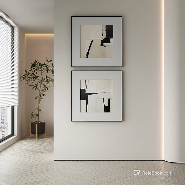 Framed Abstract Paintings On White Wall In Modern Interior With Plant And Soft Lighting 3d model 