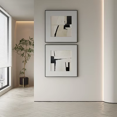 Framed Abstract Paintings On White Wall In Modern Interior With Plant And Soft Lighting 3d model