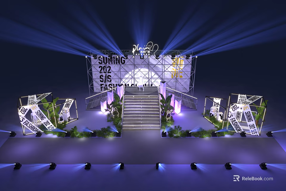Suning 2022 EIG Stage Setup With Staircase Geometric Decorations Green Plants And Lighting 3d model 