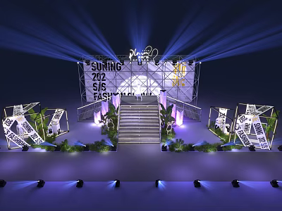 Suning 2022 EIG Stage Setup With Staircase Geometric Decorations Green Plants And Lighting 3d model