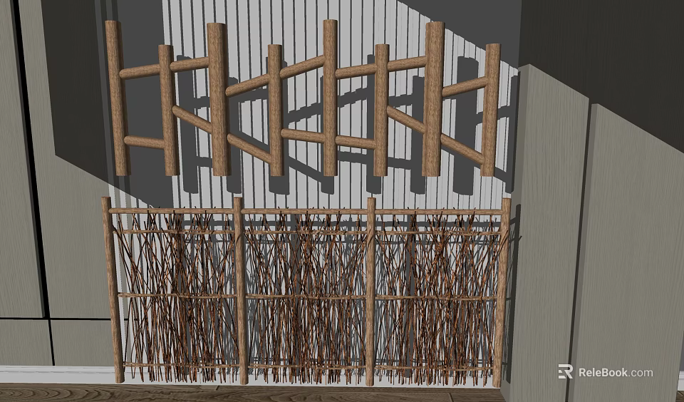 Wooden Room Dividers With Lattice Design And Bamboo Woven Panels 3d model 