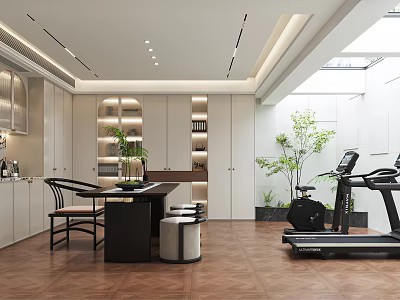 Modern Tea Room Interior Design With Open Layout Wooden Furniture And Green Plants 3d model