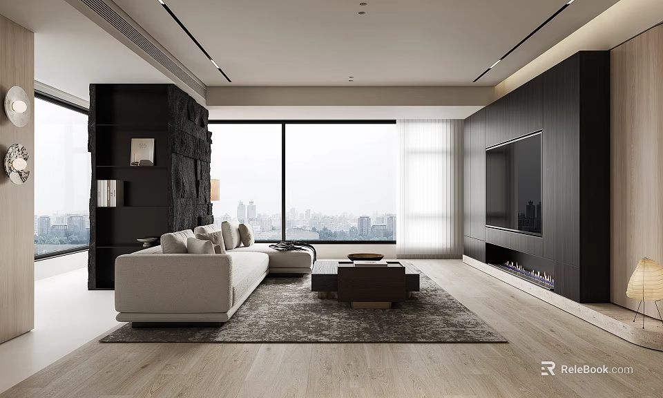 Modern Living Room Interior With Large Windows City View Light Sofa And Dark TV Wall 3d model 