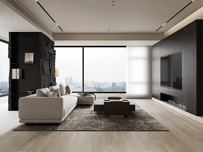 Modern Living Room Interior With Large Windows City View Light Sofa And Dark TV Wall 3d model