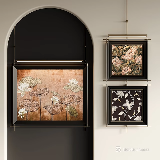 Abstract Paintings Featuring Lotus Pink White Flowers in Black Frames on Brown Black Backgrounds 3d model 