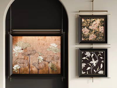 Abstract Paintings Featuring Lotus Pink White Flowers in Black Frames on Brown Black Backgrounds 3d model