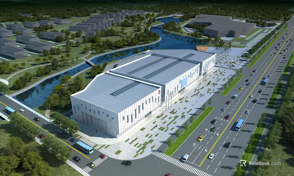 Aerial Planning of Modern Large Public Building With River Greenery Roads and Parking Area 3d model 