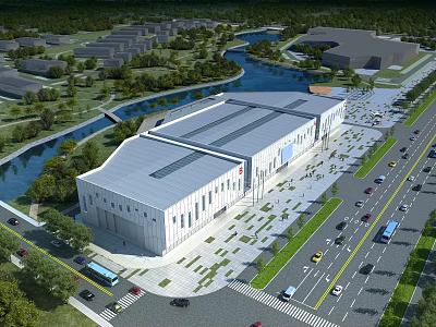Aerial Planning of Modern Large Public Building With River Greenery Roads and Parking Area 3d model