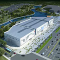 Aerial Planning of Modern Large Public Building With River Greenery Roads and Parking Area