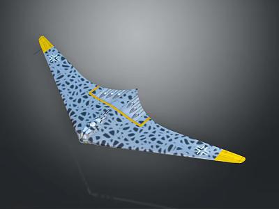 Triangle Wing Airplane With Blue Gray Body Black Spots And Yellow Wing Tips Design 3d model