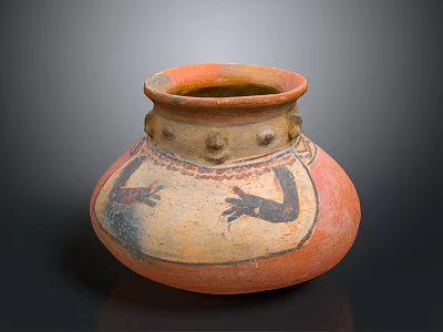 Ancient Ceramic Vessel With Protruding Neck Decorations Orange Beige Body And Black Hand Shaped Patterns 3d model