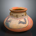 Ancient Ceramic Vessel With Protruding Neck Decorations Orange Beige Body And Black Hand Shaped Patterns