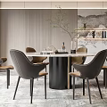 Modern Elegant Restaurant With Round Table Gray Chairs Pendant Light Marble Floor And Wall Art