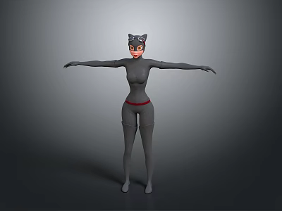 3D Female Character Model With Cat Ear Headpiece Gray Bodysuit Red Belt Arms Outstretched Pose 3d model